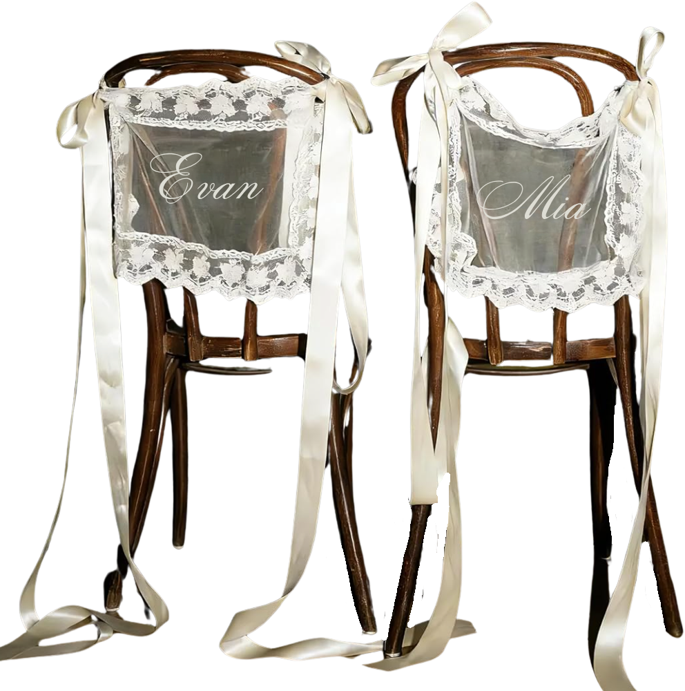 Chairs labeled Evan and Mia